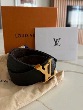Louis Vuitton Women’s Black Reversible Monogram Belt with Gold LV Buckle